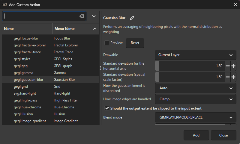 Action browser dialog